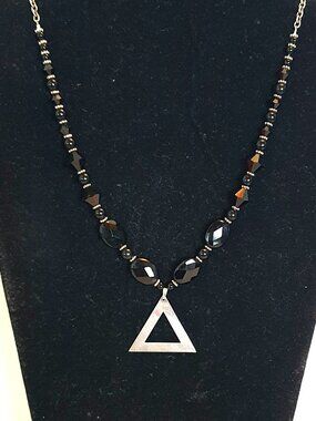 One of A Kind Vintage 925 Sterling Faceted Black Onyx Triangle Pendant Necklace